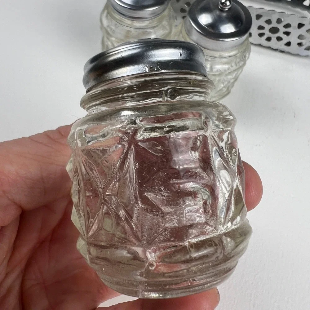 Vintage Condiment Set Glass Jars Metal Caddy Silver Clear Mid Century Tableware